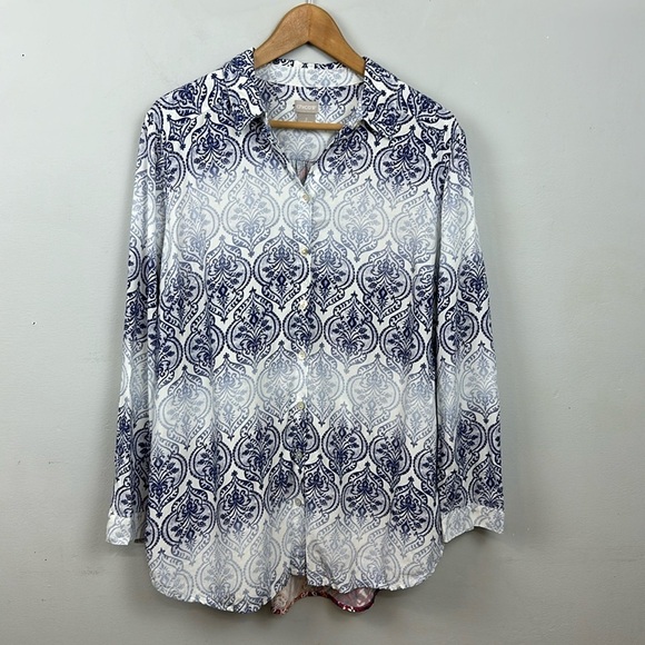 Chicos Faded Medallion Mixed-Print Shirt Sz 2/ 12-14 - Picture 6 of 14